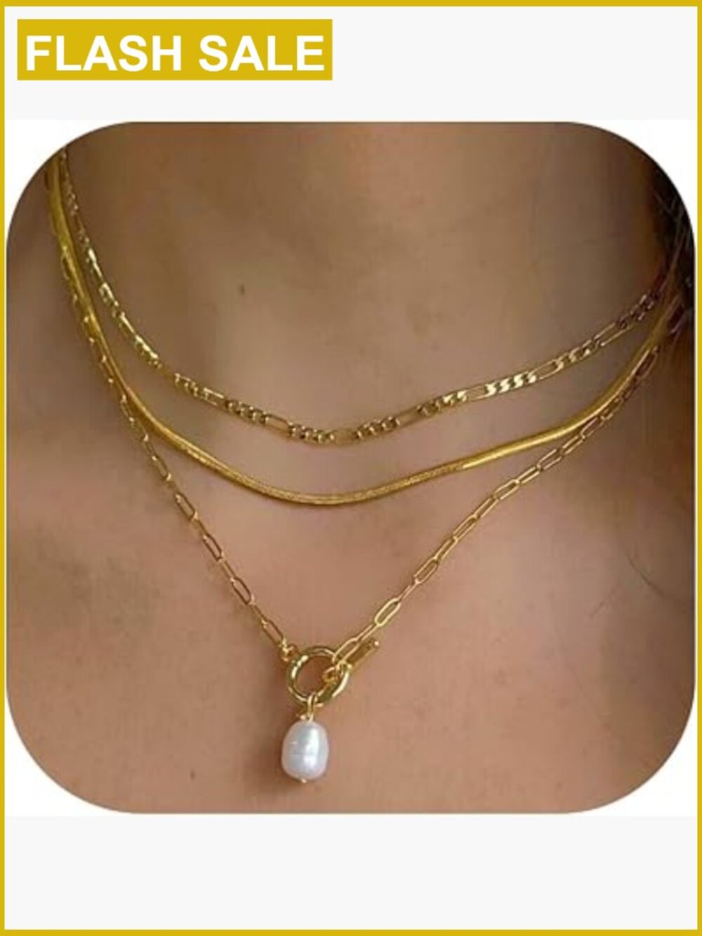 3 Pc Layered Necklace Set Gold Plated Stackable Choker Figaro Herringbone Pearl